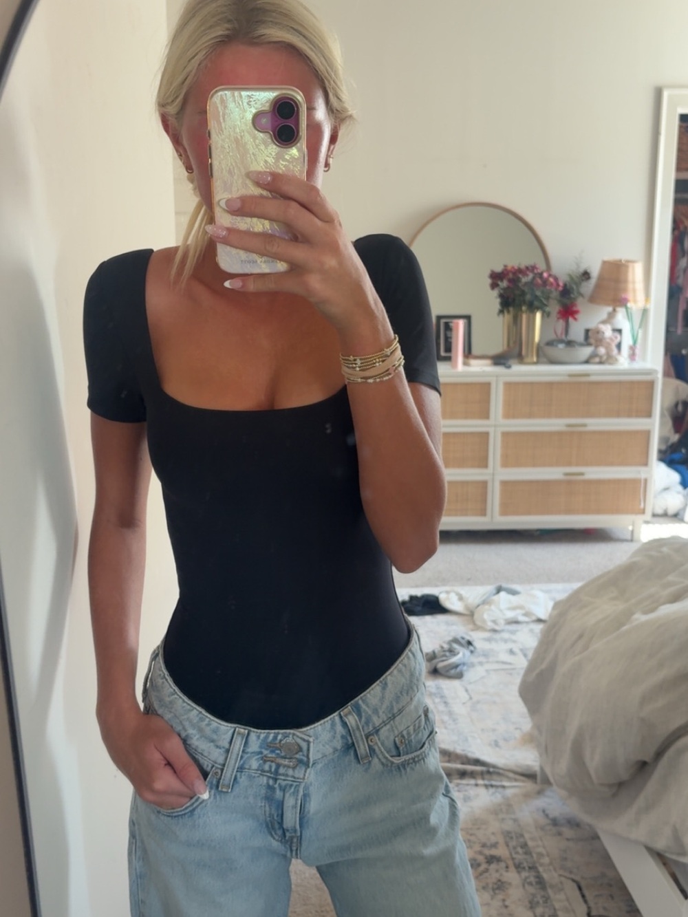 Aritzia Black Square-Neck Short Sleeve Bodysuit